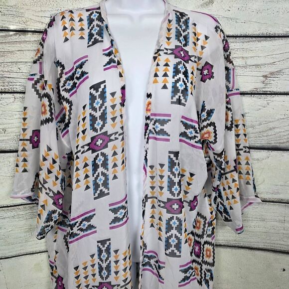 Tribal Print Open Front Kimono Lightweight Cover Up One Size - Picture 2 of 5